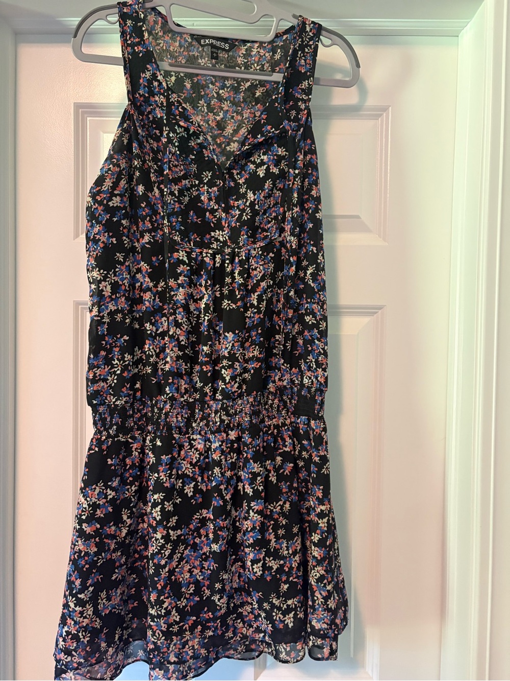 Express Black Floral Mini Dress with Pink and Blue Blossoms